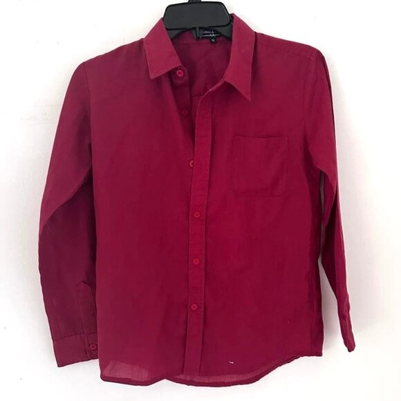 Women's Red Long Sleeve Button Up Blouse Size 12 Classic Dress Shirt Top - Picture 2 of 4